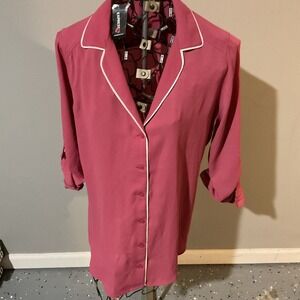 NWT Express Womens Pajama Style Button Up Blouse Pink Piping Roll Tab Sleeve M